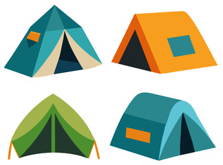 Set of camping tents for outdoor travel. Cartoon style vector illustration.