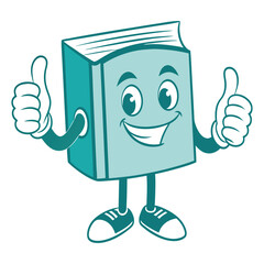 Smiling book character with two thumbs up, cartoon style. Bright colors, ideal for educational websites and school materials, Book Day