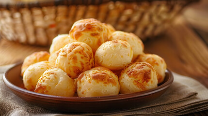 Closeup of brazilian cheese bread pao de queijo on a plate on table, table, Closeup, bread, plate