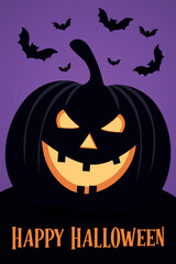 Happy Halloween. Postcard with scary pumpkin and bats.