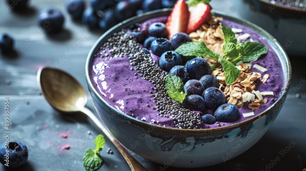 Wall mural blueberry smoothie bowl with toppings