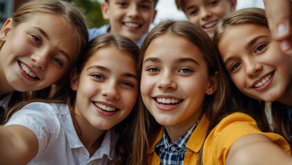 Funny high school friends students making selfies back to school concept, first study day, Generative AI