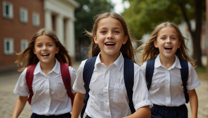 Happy small school kids excited to return to school meet classmates friends, back to school concept