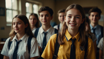 Happy small school kids excited to return to school meet classmates friends, back to school concept