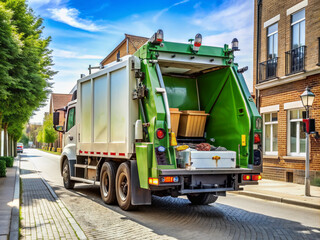 A Municipality-owned recycling collection vehicle is parked on a street, equipped with various compartments and machinery, ready to start its daily waste management operation.