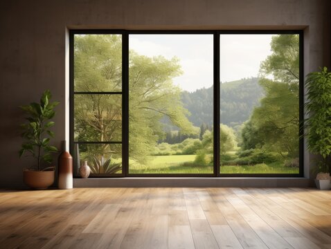 Fototapeta Modern contemporary loft empty room with open door to garden 3d render. The Room, have concrete and wooden plank wall, parquet floor, plants, panoramic window