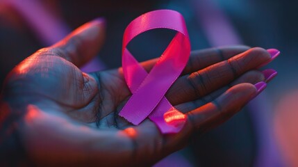 Woman holding pink ribbon showing support for breast cancer awareness