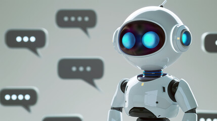 cute white robot stands in front of the screen with speech bubbles, surrounded by many chat boxes and message icons