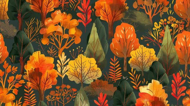 Abstract seamless pattern with autumn forest. Trees, bushes, grass