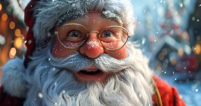 Père Noël joyeux, carte de vœux, cadre, bannière. Merry Christmas and Happy Holidays. Père Noël avec barbe blanche et lunettes, levant les bras avec un sourire, ambiance festive en arrière-plan.