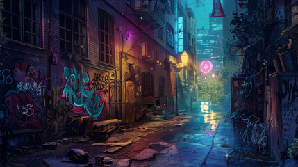 Illustrate street art illuminated by streetlights or neon signs at night, creating a moody and atmospheric scene that highlights the artâ€™s presence around the clock. 