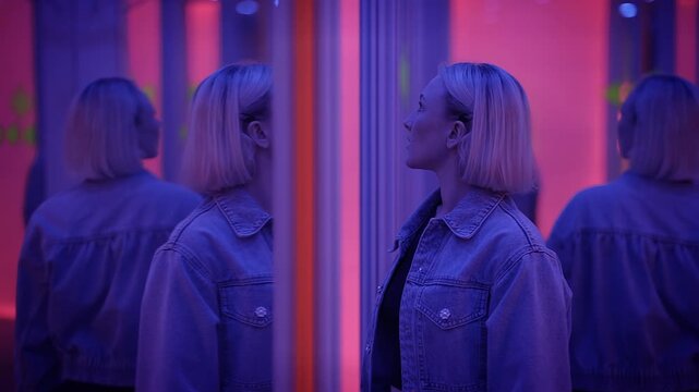 Woman exploring a mirror maze with neon lights creating an enigmatic and immersive atmosphere
