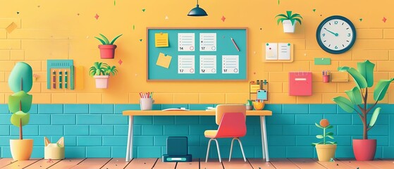 Flat design of a classroom wall schedule with daily periods, subject names, and colorful illustrations on a vibrant background