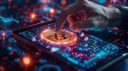 Naklejka premium Human hands engage with a sophisticated, futuristic interface, glowing with intricate circuit patterns and light, High-Tech Cybersecurity and Data Management with Floating Icons.
