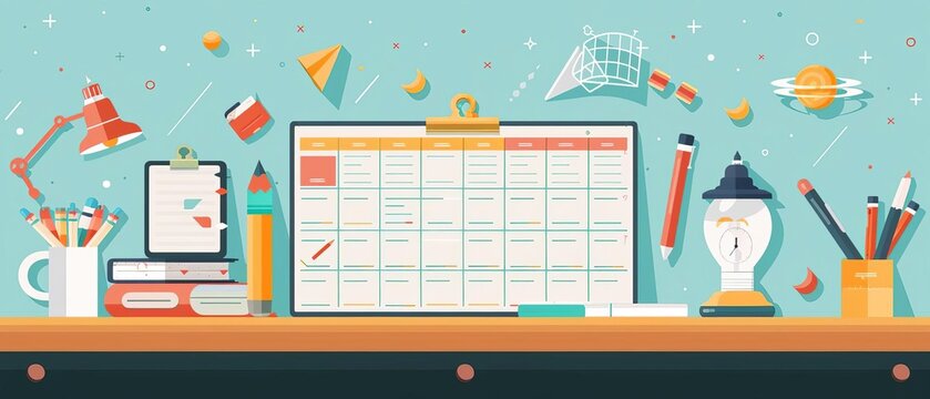Flat design of a customizable school schedule template with blank spaces for students to fill in their classes and activities