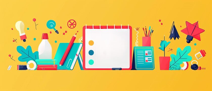 Flat design of a school schedule planner with sections for subjects, assignments, and extracurricular activities on a vibrant background