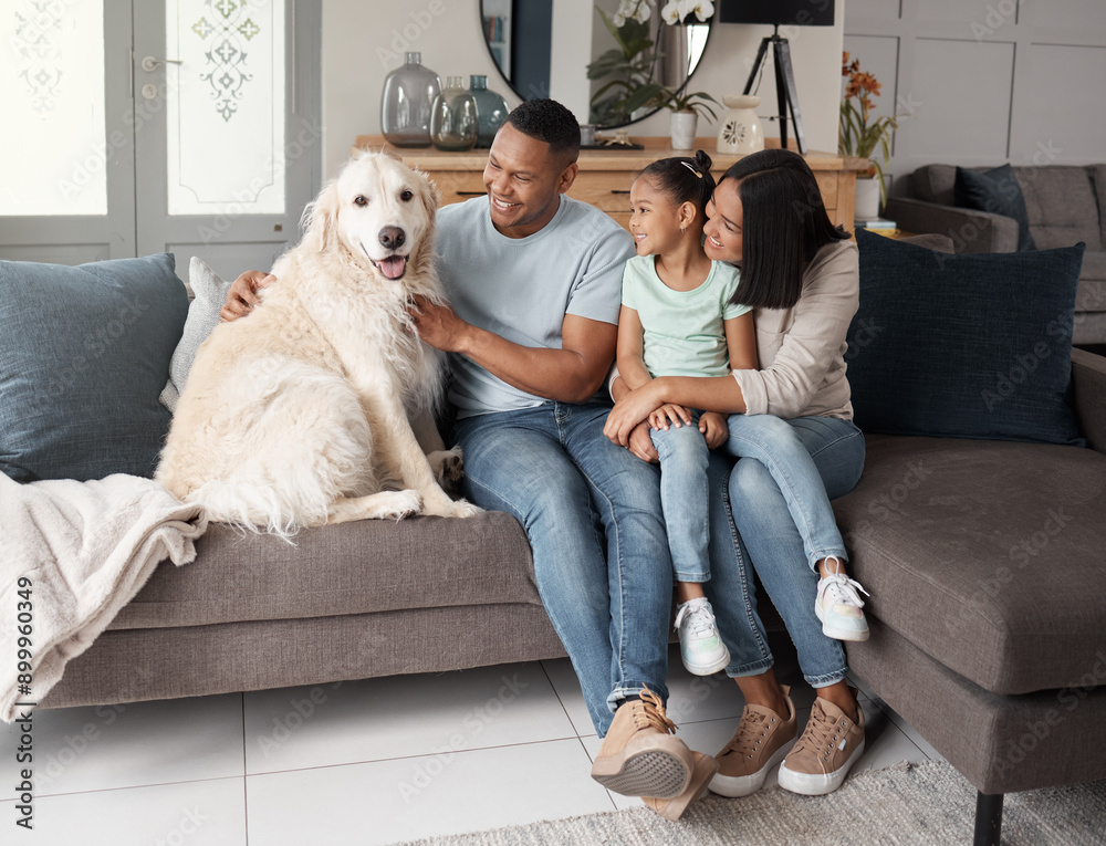 Sticker Parents, kid and dog portrait on sofa for stroke, bonding and animal care in living room. Couple, child and golden retriever on couch for trust, pet adoption and support at home with happiness