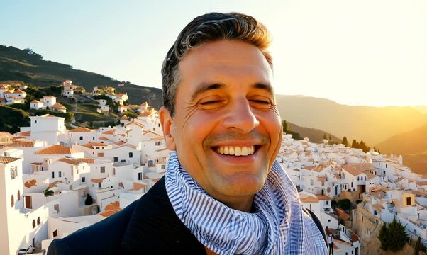 Medium shot portrait video of a grinning man in his 30s that is wearing a foulard against a traditional greek village with white buildings background