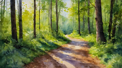Obraz premium Dirt road in the forest in oil painting. Generative AI