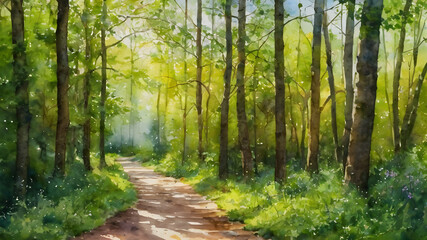 Fototapeta premium Dirt road in the forest in oil painting. Generative AI