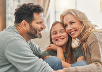Fototapeta premium Parents, girl and happy in home on couch for bonding with fun, support and care for child development. People, family and kids with smile for love or relationship to relax for wellbeing and wellness