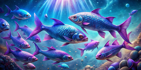 Vibrant blue and purple scales shimmer on a school of fish swimming together in harmony, symbolizing Pisces zodiac sign in a mystical underwater scene.