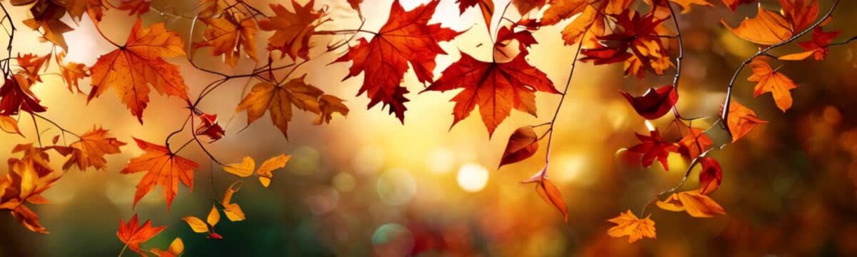 autumn forest background with golden lighting and bright orange maple leaves. beautiful colorful fall season nature scene with copy space. Web site banner