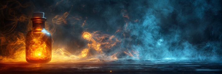 Fototapeta premium Magical bottle with swirling fire and smoke effects, creating a dramatic and enchanting scene. Concept of magic, fantasy, and supernatural potion making.