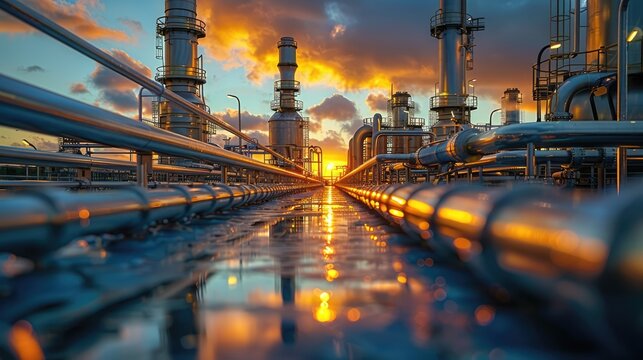 perspective view of exterior pipes of an oil refining plant