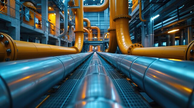 perspective view of exterior pipes of an oil refining plant