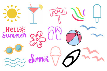 set of summer icons  ,summer, ice cream,sun,bird, beach slippaers, sunglasses,sea ball,surf board,beach,hello summer
