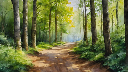 Obraz premium Dirt road in the forest in oil painting. Generative AI