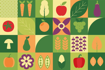 Organic fruits and vegetables geometric pattern in mosaic style. Natural food background creative simple style bauhaus agriculture design. World Vegetarian Day. Pleasure without meat. Local farmers.