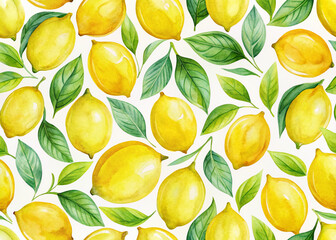 Vibrant watercolor-inspired digital art depicts a whimsical repeating pattern of bright yellow lemons with gentle strokes and subtle texture on a soft white background.
