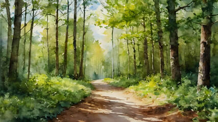 Fototapeta premium Dirt road in the forest in oil painting. Generative AI