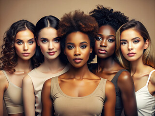 Obraz premium Portrait of five diverse confident women in a row with varied skin tones and hairstyles looking at the camera with a calm expression.