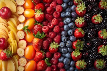 This image showcases a vibrant assortment of fruits including strawberries, blueberries, and more, all meticulously arranged to emphasize their diversity, colorfulness, and freshness.