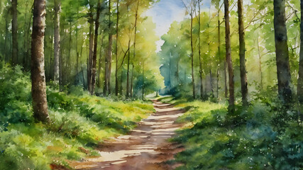 Obraz premium Dirt road in the forest in oil painting. Generative AI