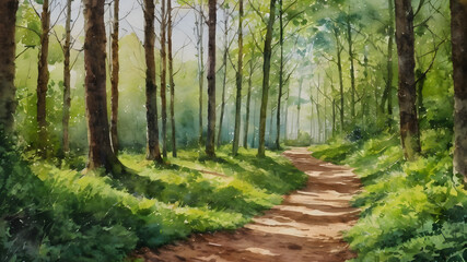 Dirt road in the forest in oil painting. Generative AI