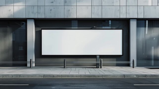 An empty huge poster mockup on the roof of a mall; white template placeholder of an advertising billboard on the rooftop of a modern building framed by trees; blank mock-up of an outdoor info banner