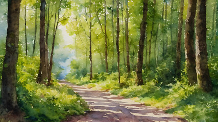 Fototapeta premium Dirt road in the forest in oil painting. Generative AI