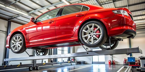 Obraz premium Detailed view of wheel alignment process Side view of red car on lift wheel alignment equipment attached to shiny alloy rim Gene