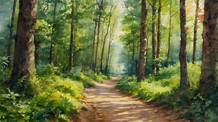 Fototapeta premium Dirt road in the forest in oil painting. Generative AI