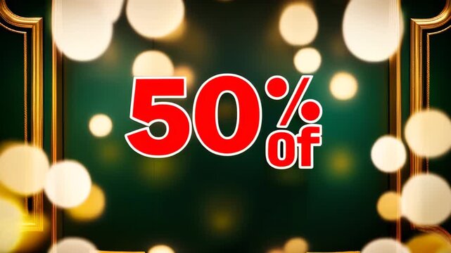 festive sale banner "50% off" in red on a blurred green and gold bokeh background. Christmas and ney year sale. Black Friday, Cyber Monday concept