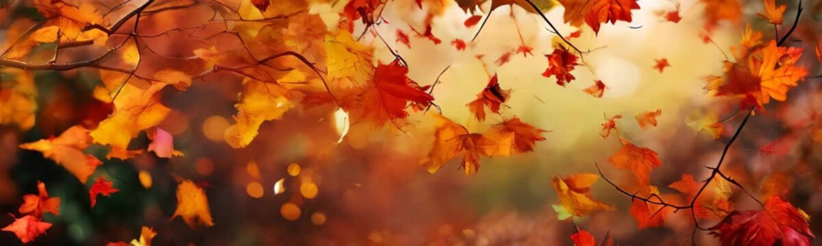 autumn forest background with golden lighting and bright orange maple leaves. beautiful colorful fall season nature scene with copy space. Web site banner