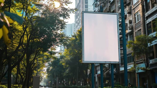 An empty huge poster mockup on the roof of a mall; white template placeholder of an advertising billboard on the rooftop of a modern building framed by trees; blank mock-up of an outdoor info banner
