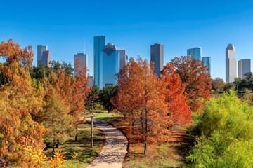 Alley in Houston downtown at sunny autumn day. Autumn at  Houston downtown skyline in Eleanor Tinsley Park, Houston, Texas, USA