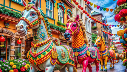 Vibrant colorful decorations and ornate horse sculptures adorn a festive street scene, showcasing the rich cultural heritage and joyous celebrations of the Day of the Horse.
