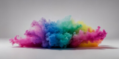 Farbenfrohe Rauchwolke in Pink, Blau, Grün und Gelb, die eine lebhafte und dynamische Atmosphäre schafft und den Betrachter in ihren Bann zieht
