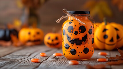 Hand-painted jack-o-lantern jar on a wooden surface with candy corn, surrounded by other pumpkin decorations, creating a festive Halloween atmosphere. Concept of Halloween, crafty decor, and festive 